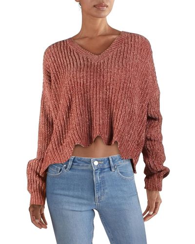 Lush Scallop Trim Pullover V-neck Sweater - Red
