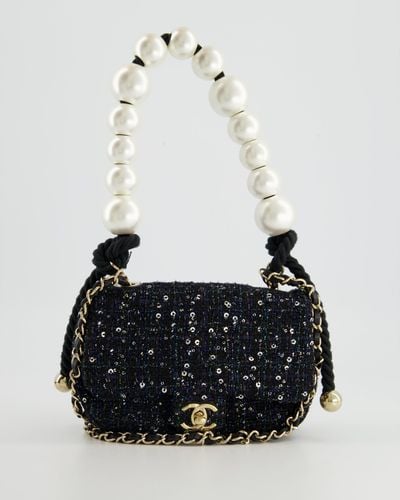 Chanel Sequin Tweed Mini Rectangular Bag With Pearl Rope Handle And Champagne Gold Hardware - White