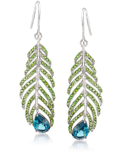 Ross-Simons London Topaz And Green Tourmaline Feather Earrings - Blue