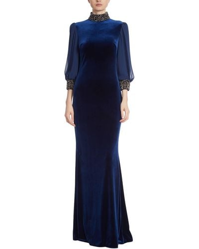 Badgley Mischka Velvet Embellished Cuff Gown - Blue