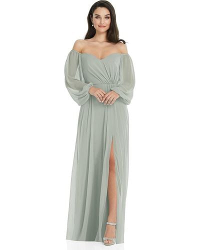 Dessy Collection Off-the-shoulder Puff Sleeve Maxi Dress With Front Slit - Blue