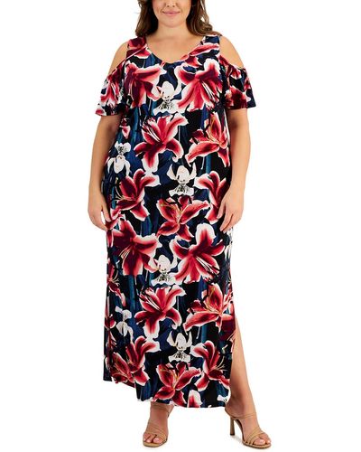 Connected Apparel Plus Long Floral Print Maxi Dress - Red