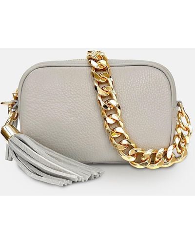 Apatchy London The Mini Tassel Light Gray Leather Phone Bag With Gold Chain Strap - Natural