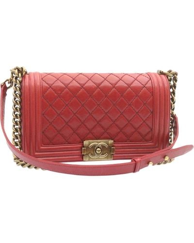Chanel Boy Matelasse Chain Flap Shoulder Bag Leather Cc Auth Knn010 - Red