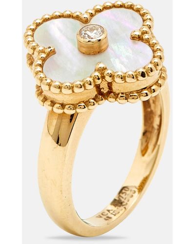 Van Cleef & Arpels Vintage Alhambra Mother Of Pearl Diamond 18k Gold Ring - Metallic