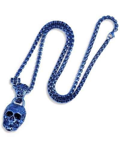 Crucible Jewelry Crucible Los Angeles Stainless Steel 35mm Skull Necklace On 28 Inch 5mm Box Chain - Blue