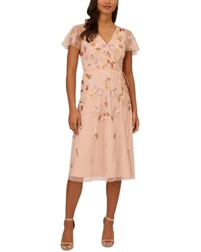 Adrianna Papell Petites Beaded Polyester Midi Dress - Natural