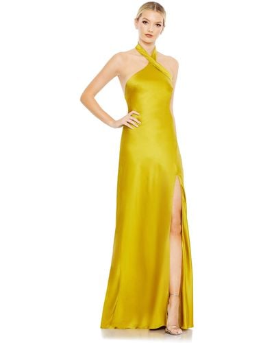 Mac Duggal Asymmetrical Crisscross Halter Gown - Yellow