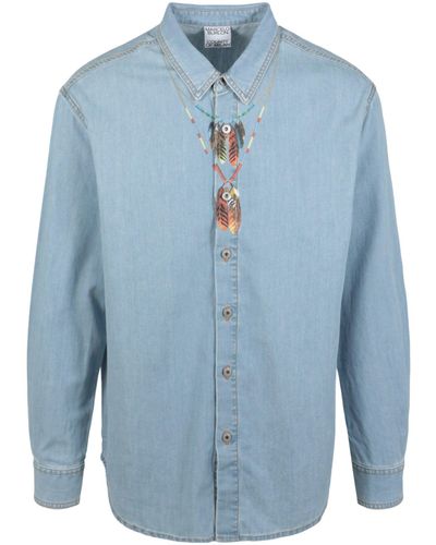 Marcelo Burlon Feather Necklace Denim Shirt - Blue