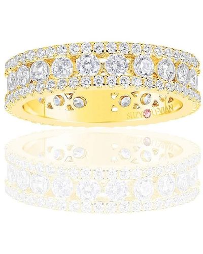 Suzy Levian Golden Sterling Silver Cubic Zirconia White Three Row Modern Eternity Band - Yellow