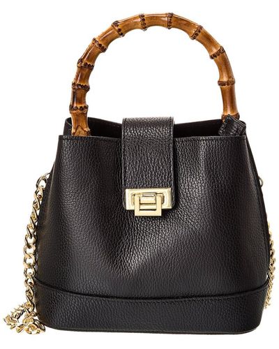Italian Leather Top Handle Bucket Bag - Black