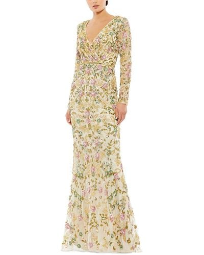 Mac Duggal Floral Embellished Faux Wrap Trumpet Gown - Metallic