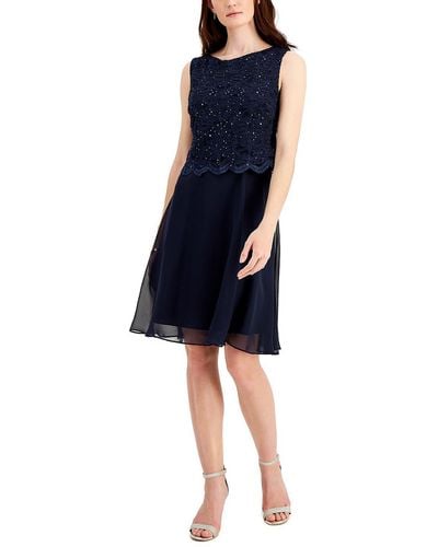 Connected Apparel Lace Overlay Knee-length Fit & Flare Dress - Blue