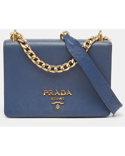 Prada Saffiano And Soft Leather Chain Flap Shoulder Bag - Blue