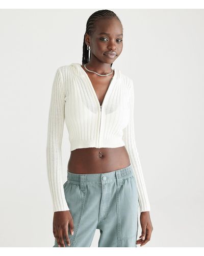 Aéropostale Ribbed Cropped Zip-front Hooded Sweater - White