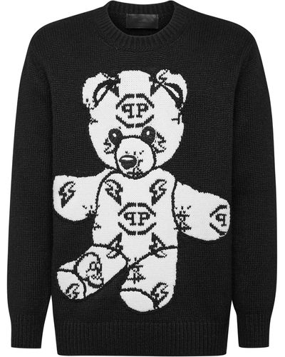Philipp Plein Wool Embroidery Jacquard Pullover Round Neck Ls Teddy Bear - Black