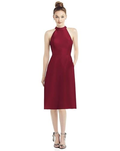 Alfred Sung High-neck Open-back Satin Cocktail Dress - Red