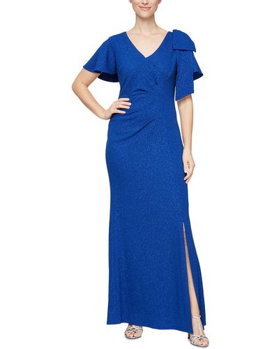 SLNY Pleated Bow Evening Dress - Blue