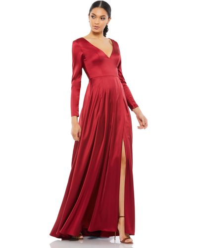 Ieena for Mac Duggal Satin V Neck Long Sleeve Pleated Gown - Red