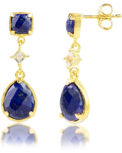 MAX + STONE 18k Gold Plated Genuine Sapphire 3 Stone Dangle Drop Earrings - Blue