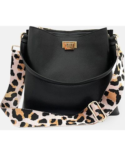 Apatchy London Leather Tote Bag With Pale Pink Leopard Strap - Black