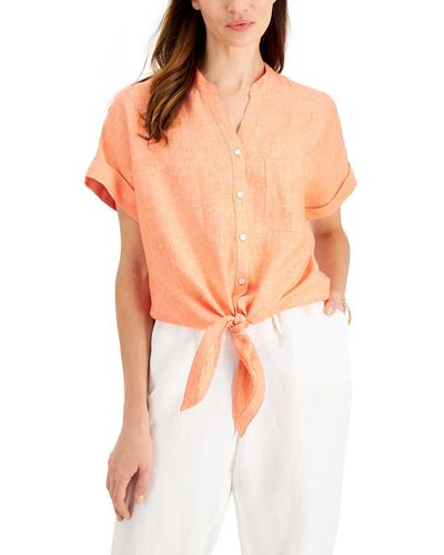 Charter Club Linen Pocket Button-down Top - Orange