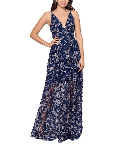Xscape Embroidered Fit & Flare Evening Dress - Blue