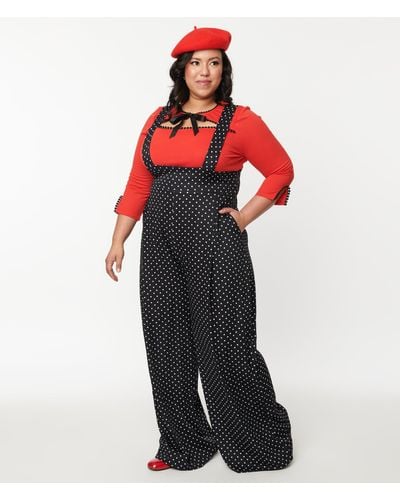Unique Vintage Plus Size Black & White Pin Dot Rochelle Suspender Pants - Red