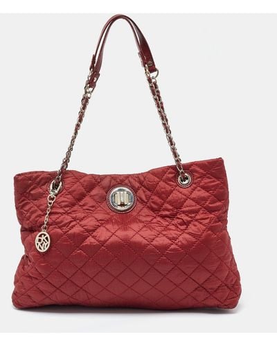 DKNY Quilted Nylon And Leather Logo Chain Tote - Red