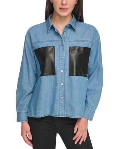 DKNY Faux Leather Pockets Long Sleeves Button-down Top - Blue