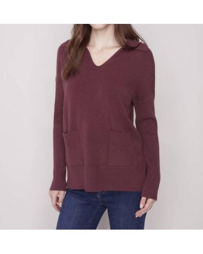 Charlie b V-neck Collared Sweater In Port - Purple
