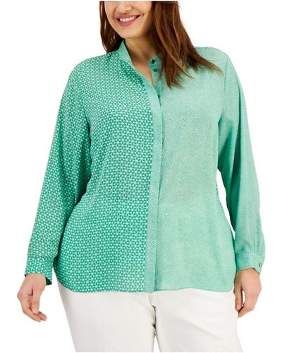 Anne Klein Plus Dot Print Tunic Button-down Top - Green
