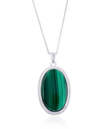 Simona Sterling Silver Or Gold Plated Over Sterling Silver Oval Malachite Beaded Border Pendant Necklace - Green