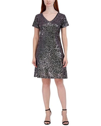 Signature By Robbie Bee Plus Sequined Knee Cocktail And Party Dress - Gray