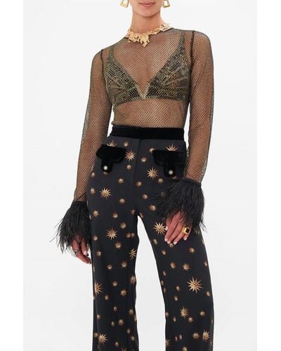 Camilla Hotfix Mesh Top With Feathers - Multicolor