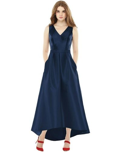 Alfred Sung Sleeveless Pleated Skirt High Low Dress With Pockets - Blue