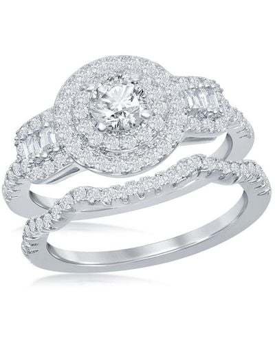 Simona Sterling Round Double Halo Baguette Cz Side Stones Engagement Ring Set - Metallic