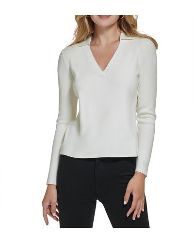 Calvin Klein Sequined Collared V-neck Sweater - White