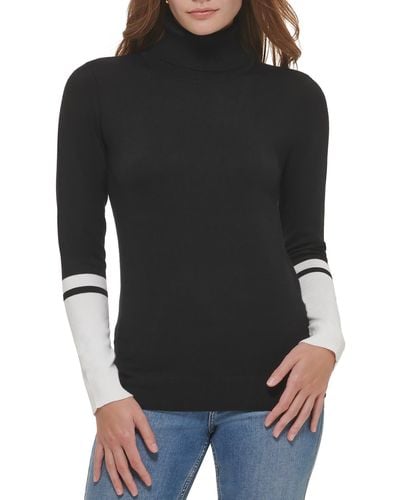 Calvin Klein Ribbed Trim Turtleneck Pullover Top - Black