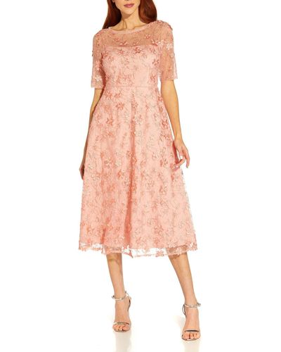 Adrianna Papell Embroidered Calf Midi Dress - Pink