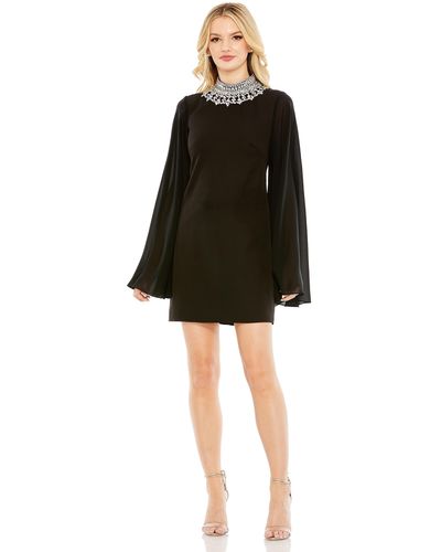 Ieena for Mac Duggal Rhinestone Collar Flowy Sleeve Mini Dress - Black