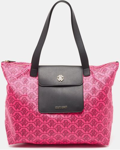 Roberto Cavalli /brown Monogram Nylon And Leather Front Pouch Tote - Pink