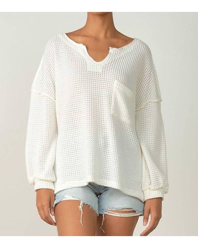 Elan Long Sleeve V-neck Front Thermal Sweater - White