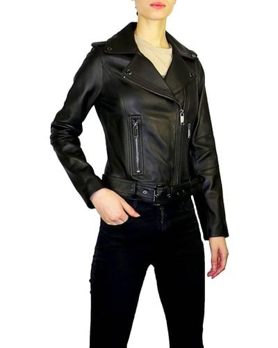 Michael Kors Outerwear Asymmetrical Zip Belted Short Leather Jacket - Black