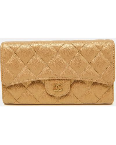 Chanel Gold Quilted Caviar Leather Trifold Wallet - Natural
