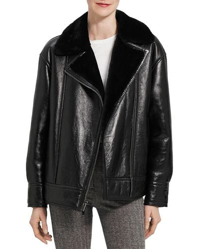 Theory Leather Shearling Lined Motorcycle Jacket - Black