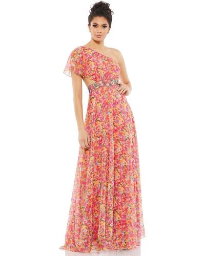 Mac Duggal Floral Print One Shoulder Butterfly Sleeve A Line Gown - Red