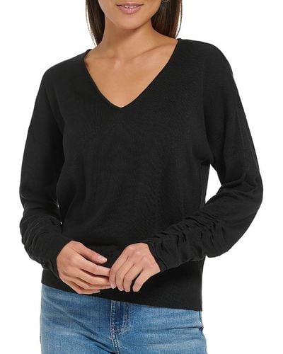 Calvin Klein Ruched 3/4 Sleeve V-neck Sweater - Black