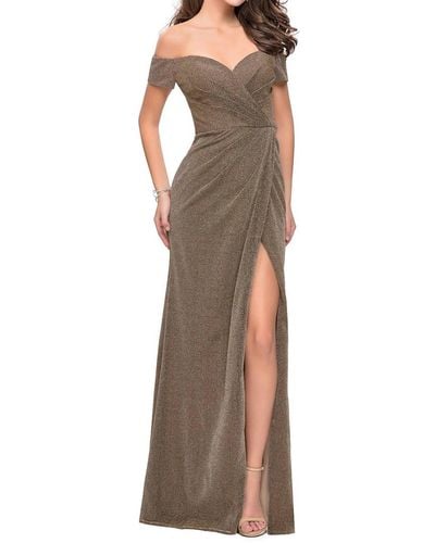 La Femme Off The Shoulder Sparkling Jersey Dress In Silver/gold - Brown