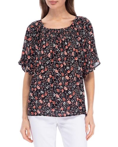 B Collection By Bobeau Smocked Floral Peasant Top - Black